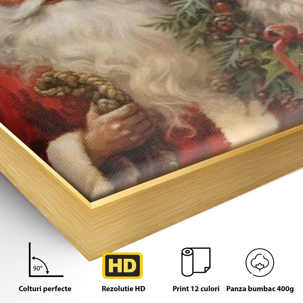 Detaliu al suprafetei: tablou canvas cu mos craciun si cerbi, in rama de aluminiu auriu